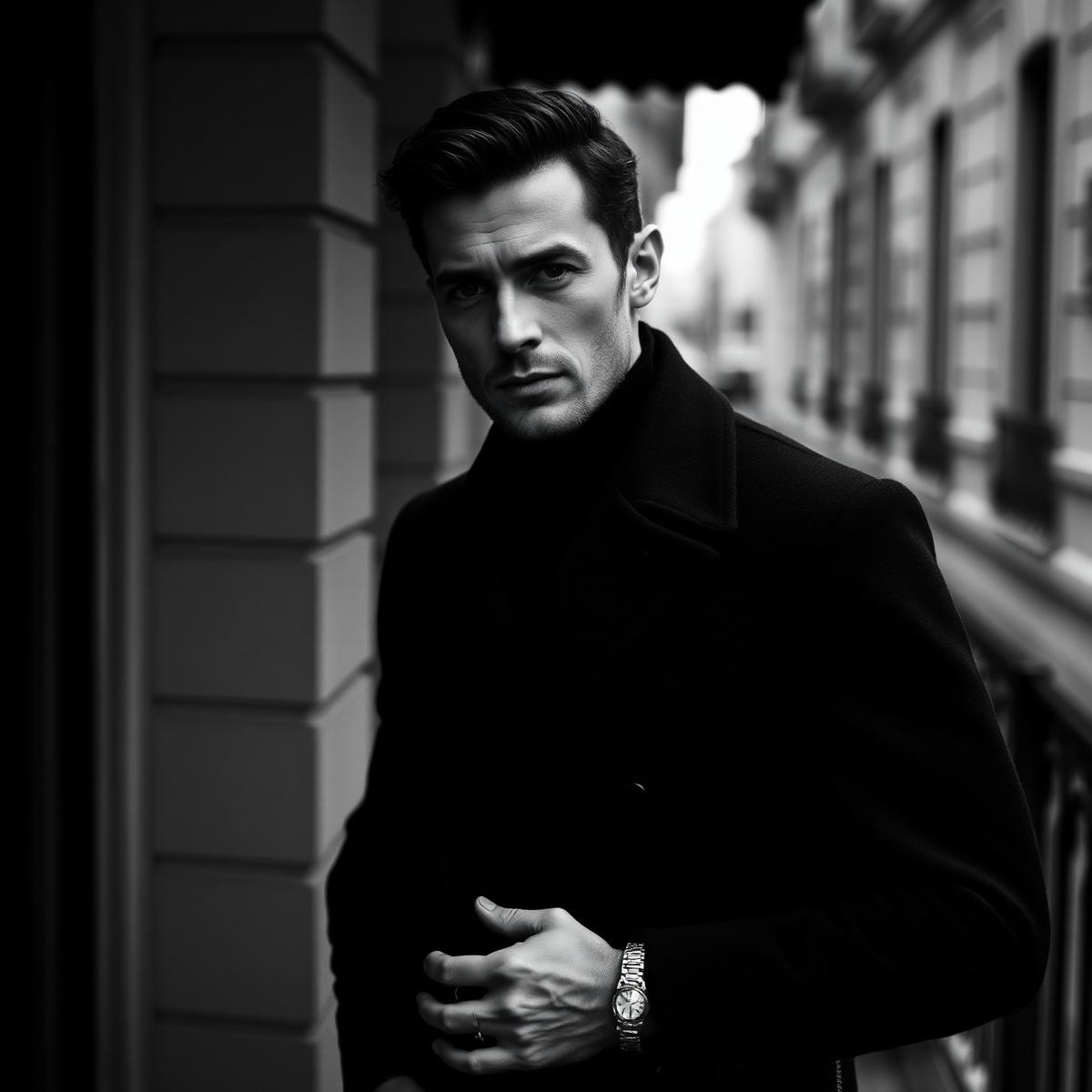 Editorial portrait of a man in a dark overcoat